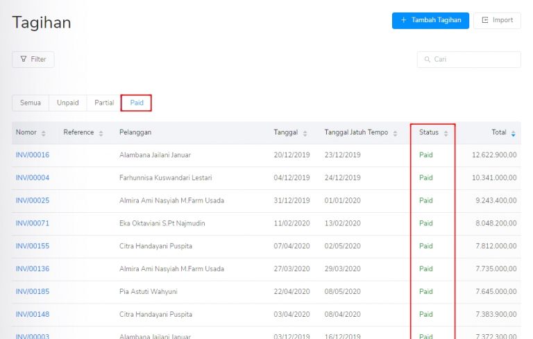 Status Transaksi Tagihan Penjualan Invoice Kledo