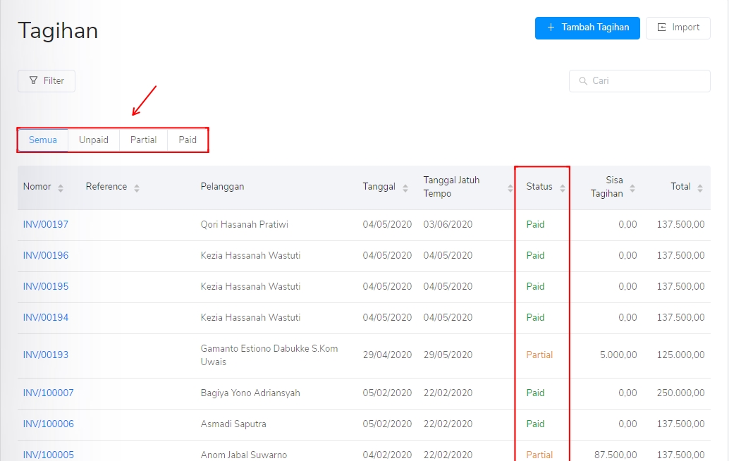 Status Transaksi Tagihan Penjualan Invoice Kledo