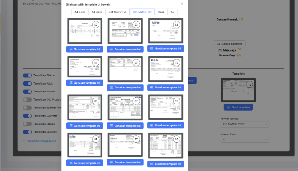 Pilihan template purchase order di kledo