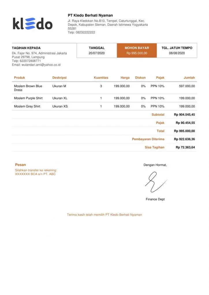 contoh invoice pembayaran