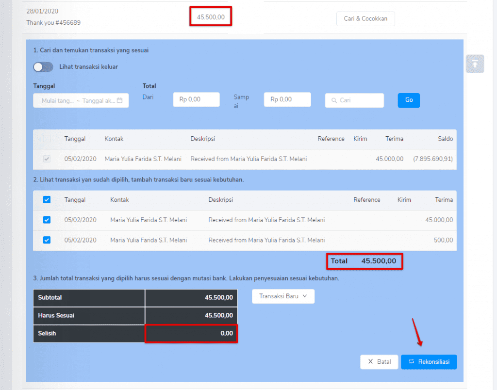 Rekonsiliasi bank dengan Kledo