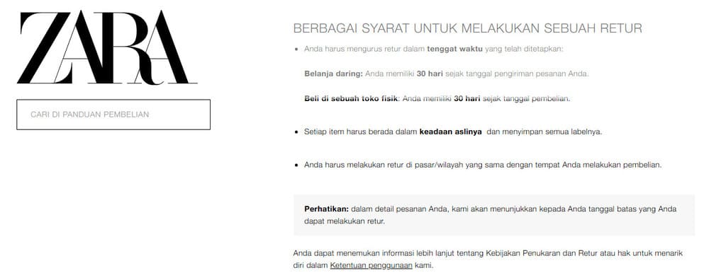 peraturan pengembalian barang dari zara