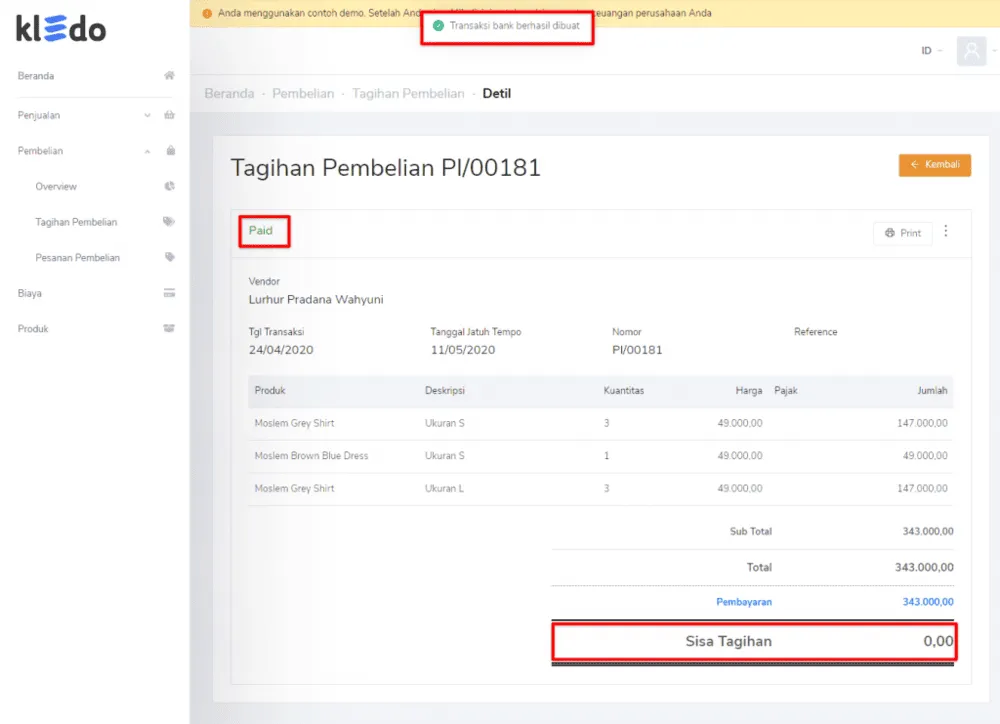 langkah pembayaran tagihan pembelian dengan kledo metode B 3