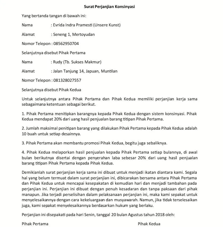 contoh surat perjanjian konsinyasi
