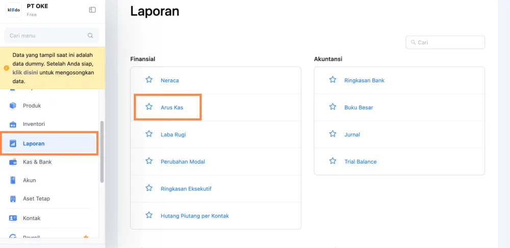 tutorial laporan arus kas kledo