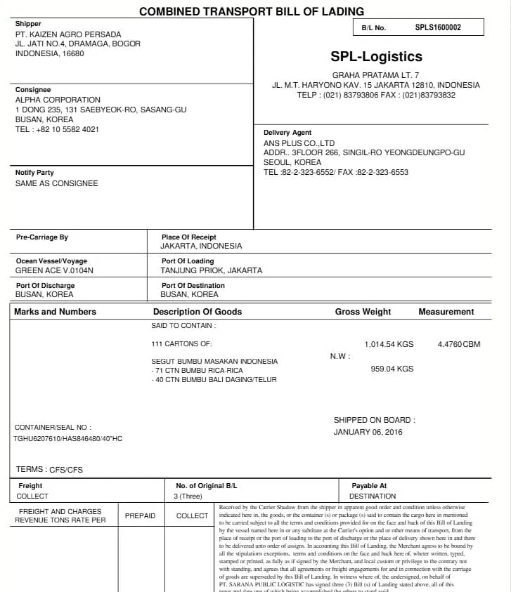 BILL OF LADING 2