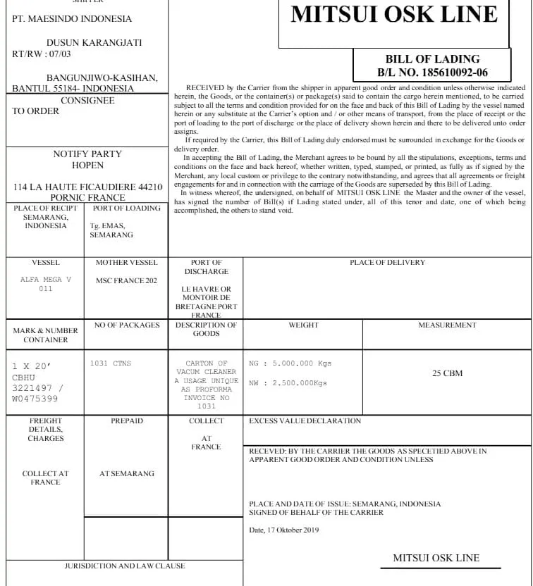 contoh blll of lading mitsui osk line