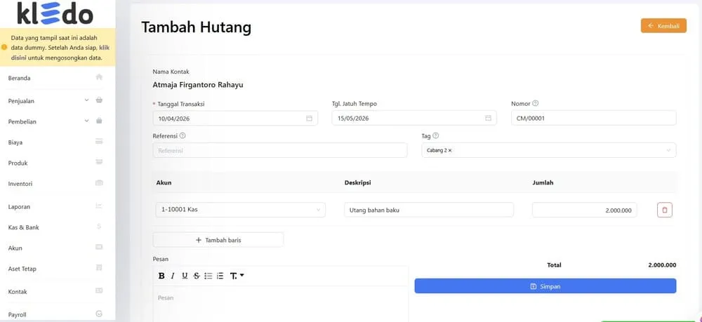 contoh mencatat hutang dengan software akuntansi kledo 3