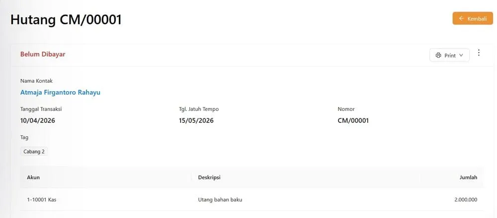 contoh mencatat hutang dengan software akuntansi kledo 4