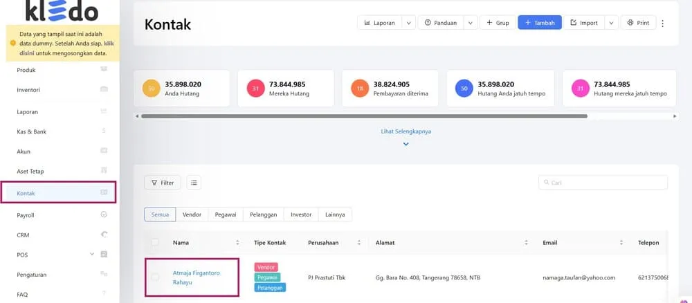 contoh mencatat hutang dengan software akuntansi kledo