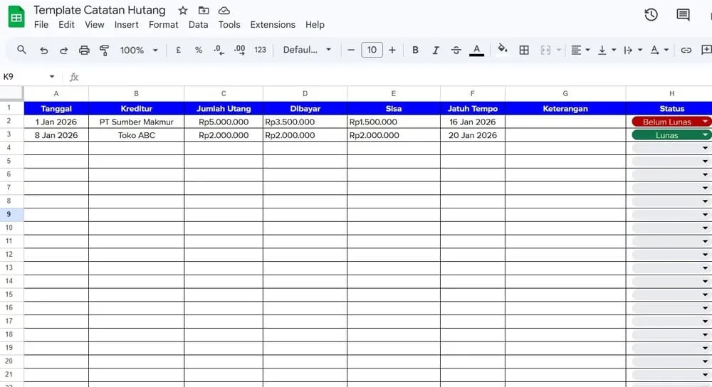 contoh template catatan hutang