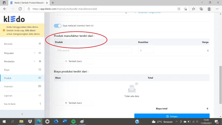 mencatat manufaktur dengan kledo 3