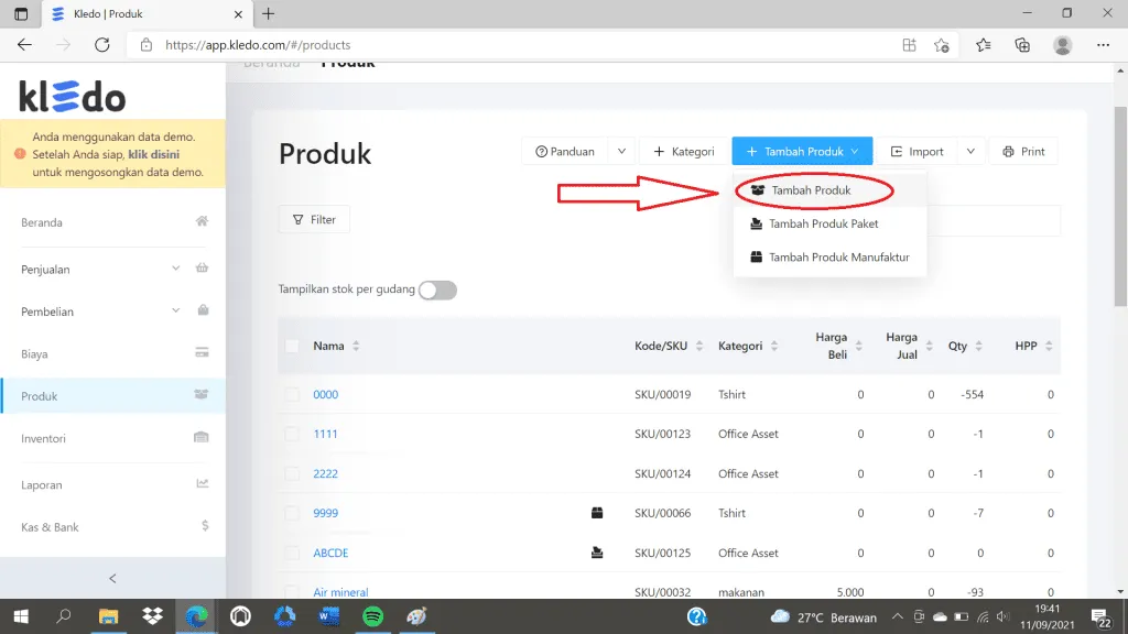 mencatat produksi dengan kledo 1