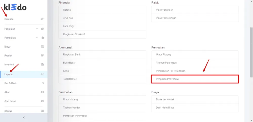 kledo laporan penjualan per produk 1