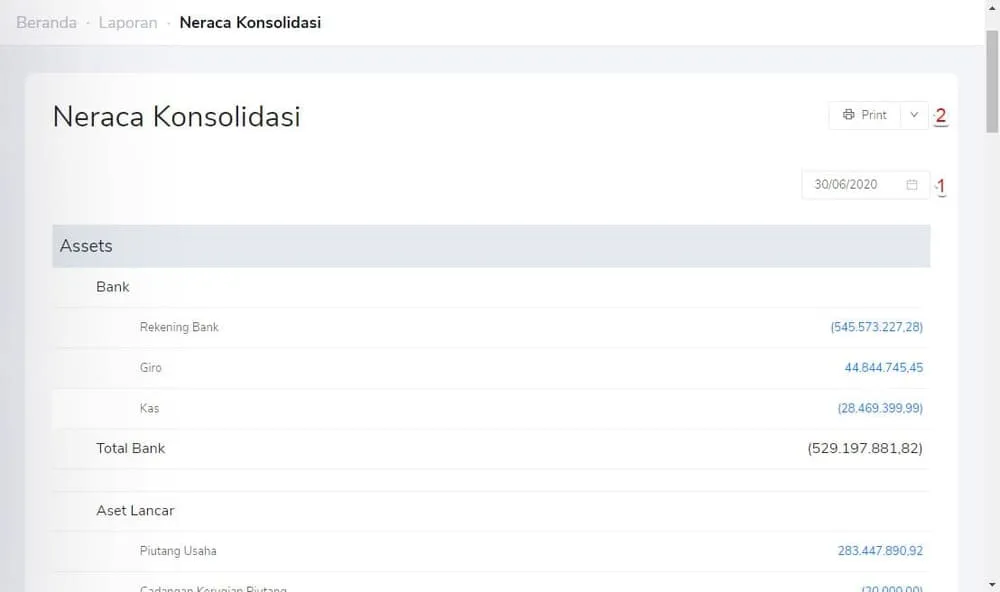 laporan neraca konsolidasi dengan kledo