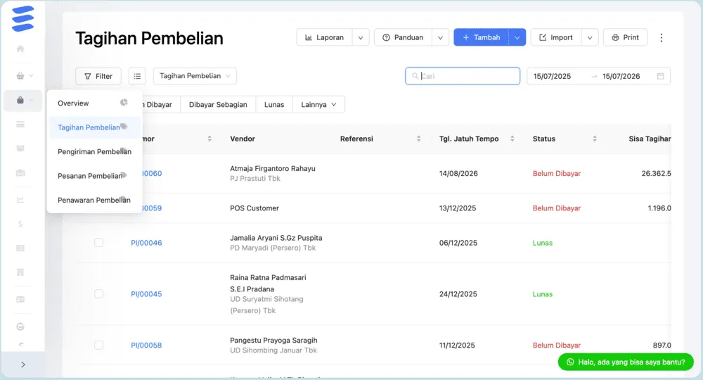 cara mencatat pembelian kredit distributor dengan kledo