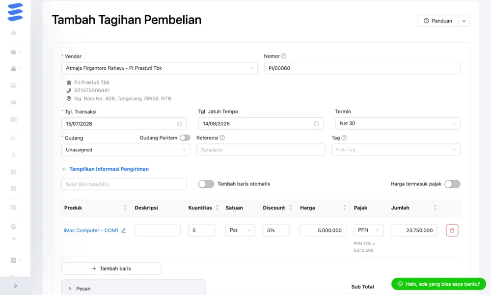 cara mencatat pembelian kredit distributor dengan kledo 1