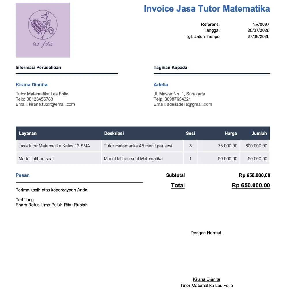 contoh invoice jasa profesional 1