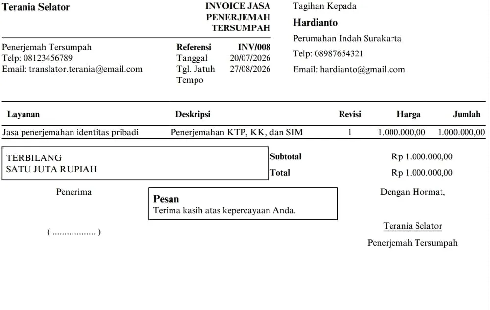 contoh invoice jasa profesional 2