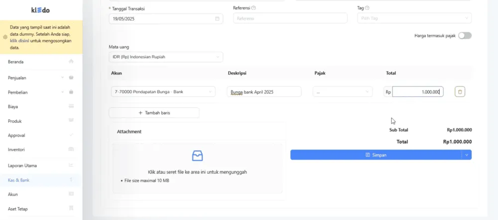 cara mencatat interest revenue dengan kledo 3