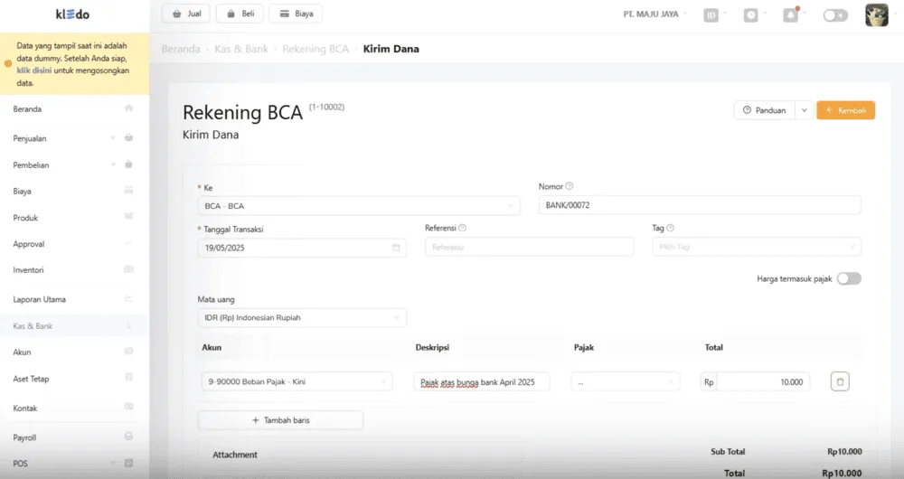 cara mencatat pajak pendapatan bunga dengan kledo 2