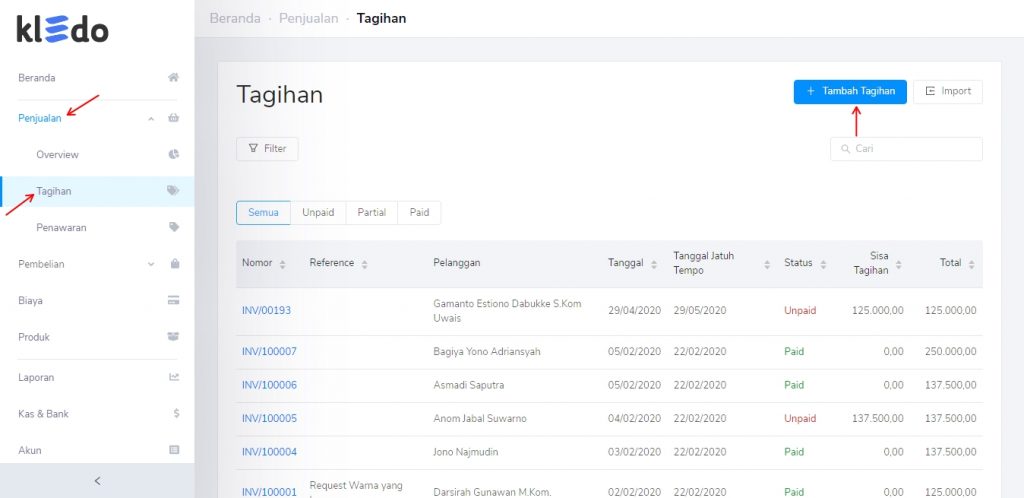 Tambah tagihan penjualan Kledo