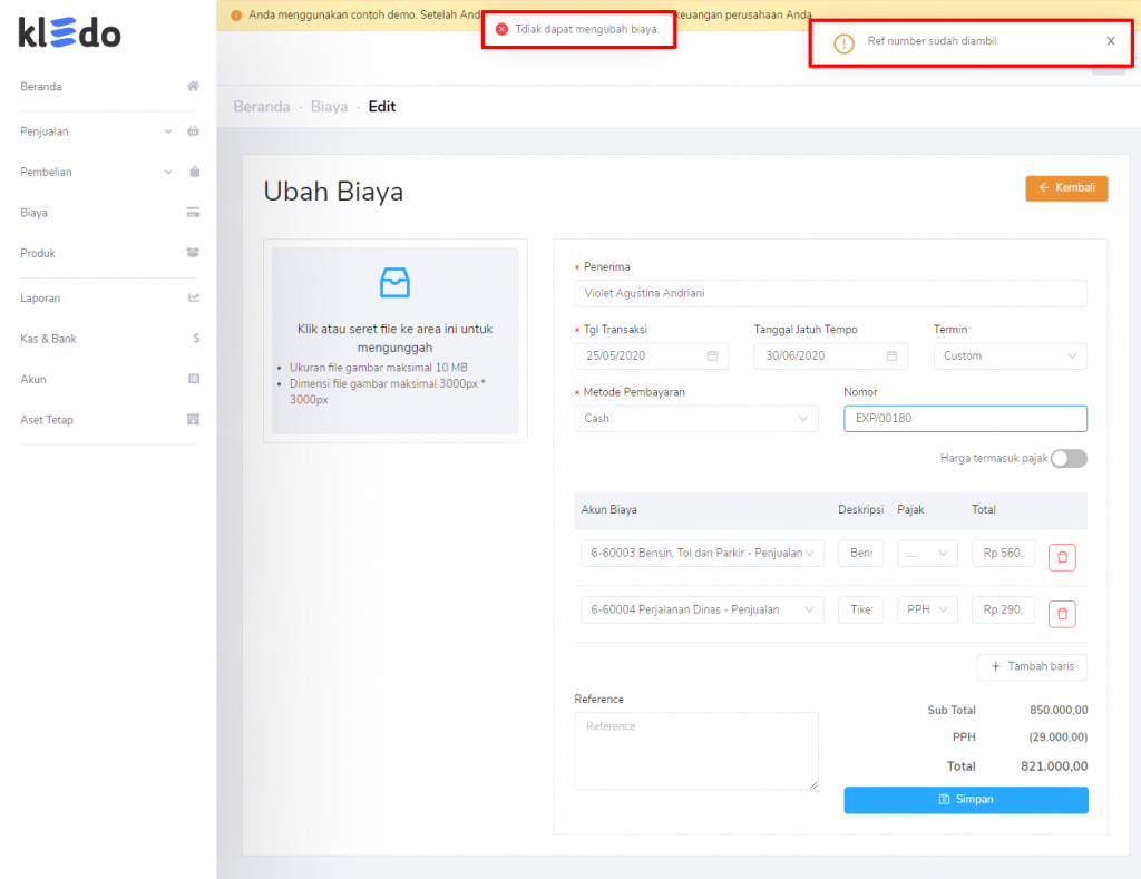 Nomor expense sudah digunakan tidak bisa diubah pada Kledo