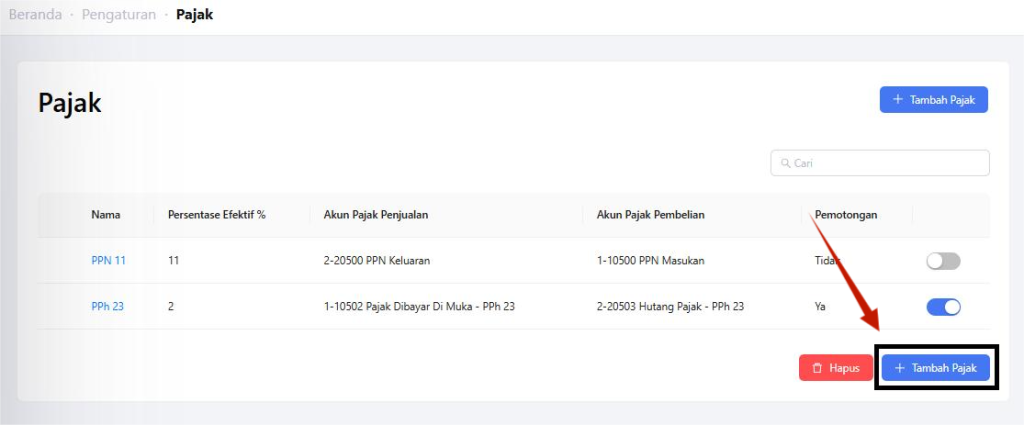 Klik tab Tambah Pajak