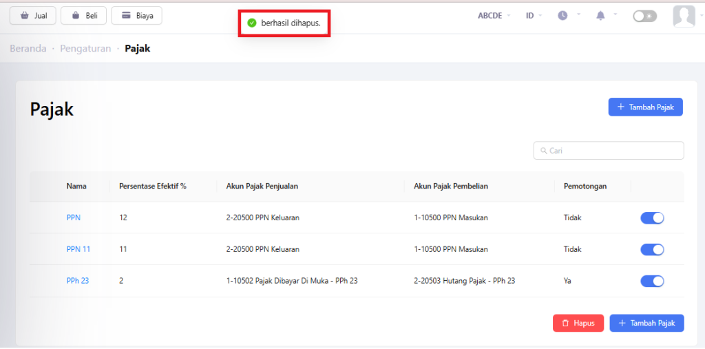 Pajak berhasil dihapus