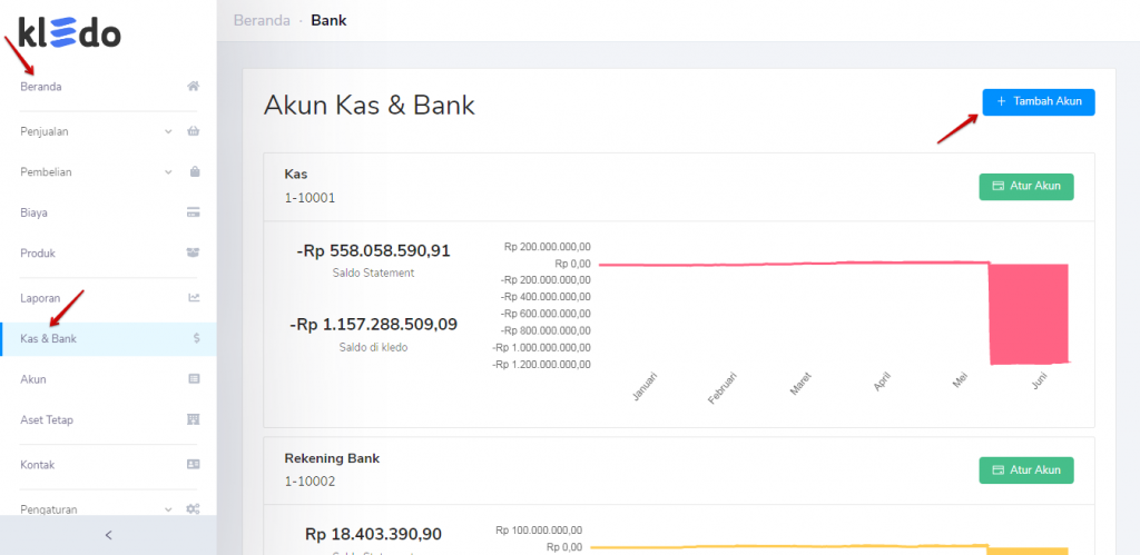 Tambah akun kas dan bank Kledo