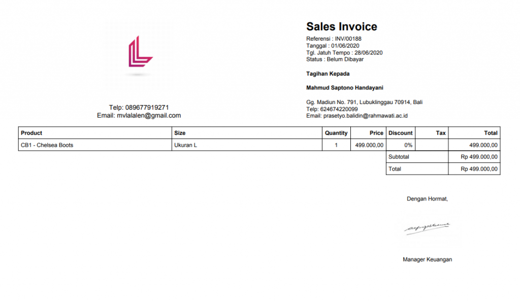 Hasil atur layout invoice Kledo