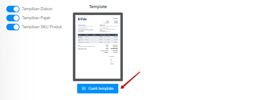 Ganti template pada layout invoice Kledo