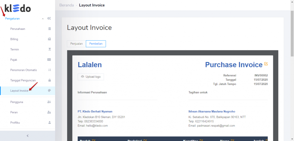 Pengaturan layout invoice Kledo