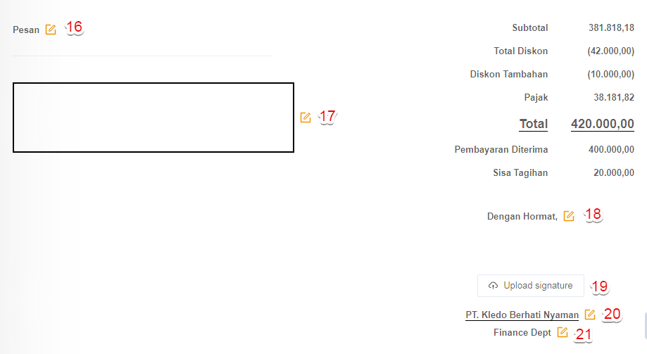 Ubah kolom pesan dan otoritas pada layout invoice Kledo