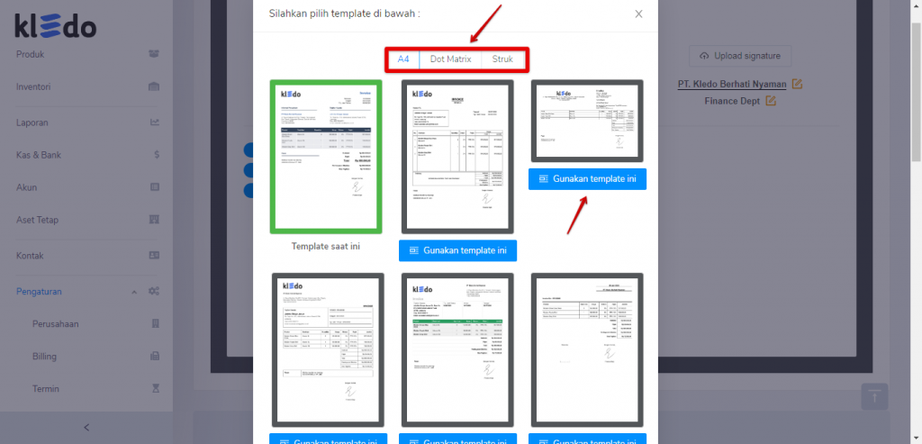 Pilih template invoice yang dikehendaki