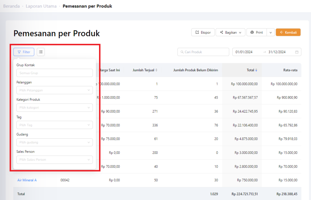 Atur filter pemesanan per produk