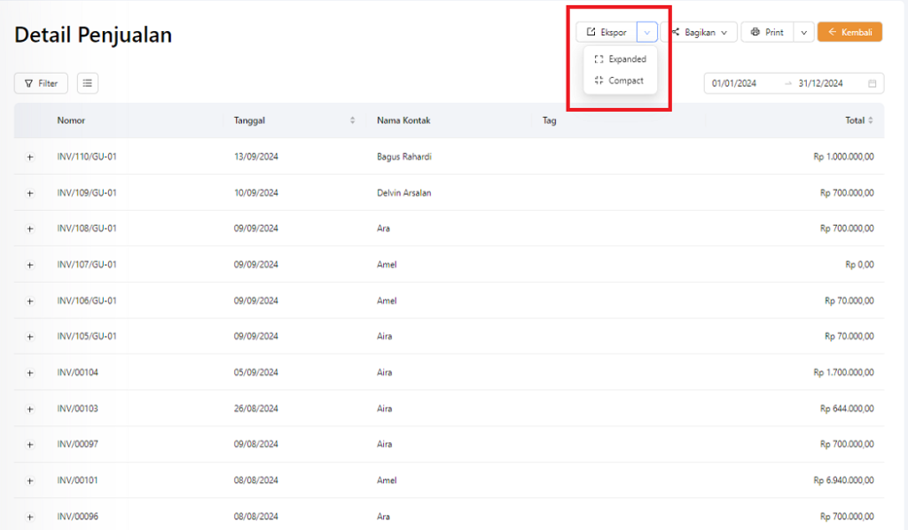 Fitur ekspor detail penjualan