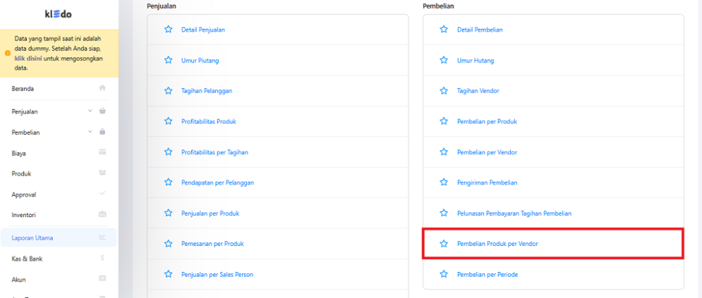 Pilih laporan pembelian produk per vendor