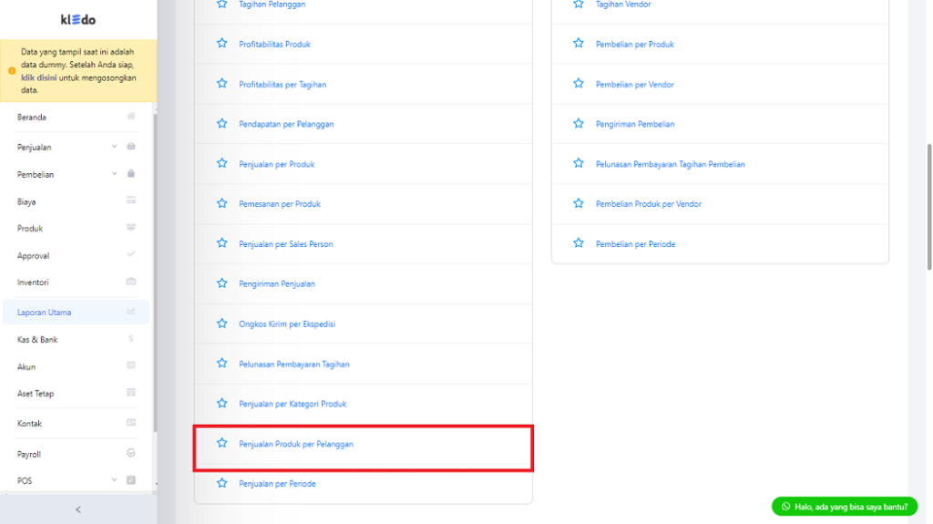 Pilih laporan penjualan produk per pelanggan