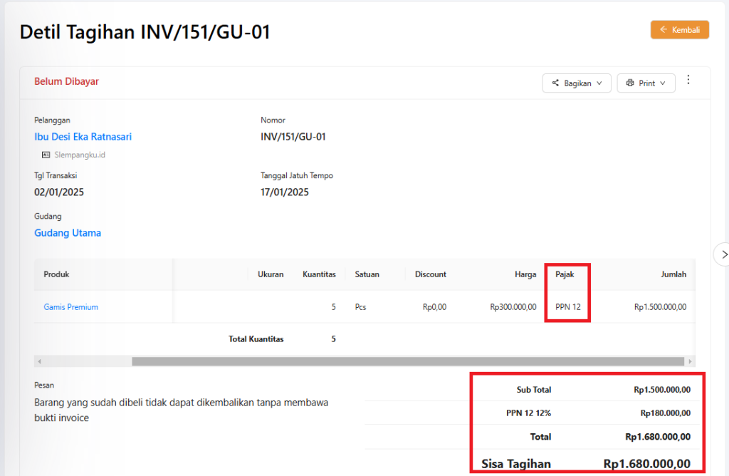 Detail potongan PPN 12%