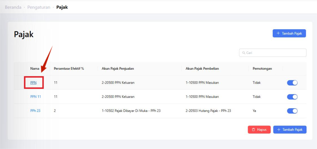 Pilih pajak yang ingin diubah
