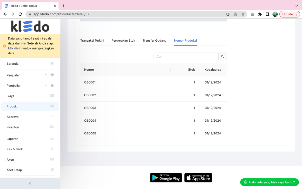 Nomor seri produk dengan tanggal kadaluarsa