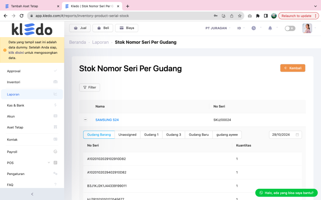 Laporan Stok Nomor Seri Per Gudang