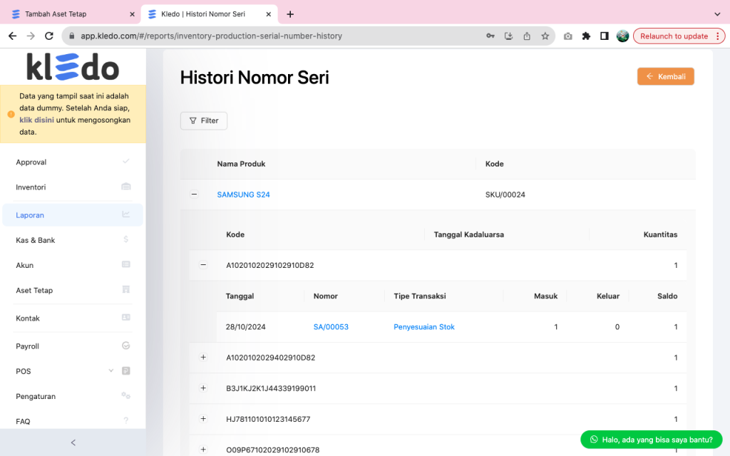 Laporan Histori Nomor Seri